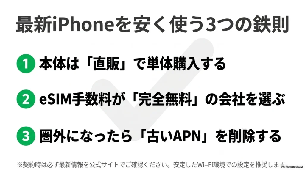 iPhone 17 × 格安SIM 乗り換え完全攻略ガイド 最新iPhoneを安く使う3つの鉄則まとめ:本体は直販で購入、eSIM手数料無料の会社を選ぶ、古いAPNを削除する