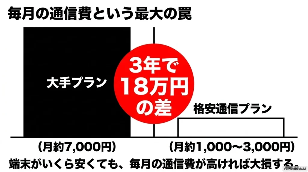 月約7,000円の大手プランと月約1,000〜3,000円の格安プランでは3年で18万円の差があり、端末が安くても通信費が高ければ大損することを示すグラフ図