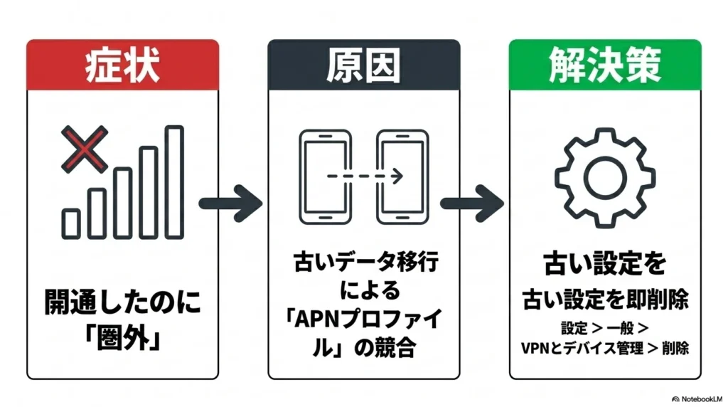 eSIM開通後の圏外トラブル解決策 eSIM開通後に圏外になる原因は古いAPNプロファイル。設定から即削除する解決策の手順