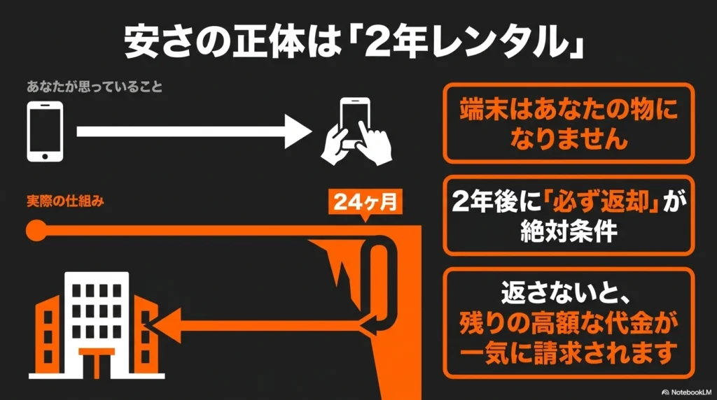 iPhone 17の安い月額料金の正体が、2年後の返却を前提としたレンタル契約であることを解説する図