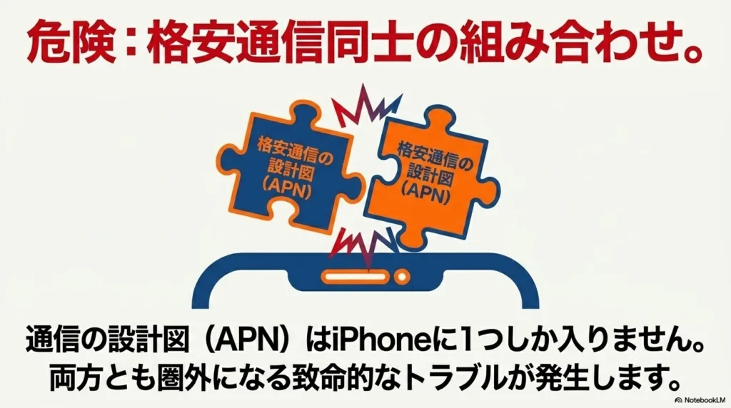 格安SIM同士のプロファイル競合の危険性 2つの格安通信の設計図(APN)が衝突している図解。iPhoneにはプロファイルが1つしか入らないため両方圏外になる危険性を警告