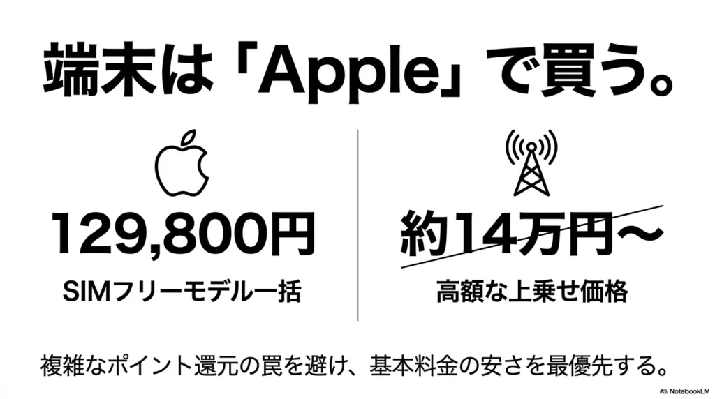iPhone 17 × 格安SIM 乗り換え完全攻略ガイド iPhone 17はApple StoreのSIMフリーモデル一括購入が約129,800円で一番お得。キャリアの高額な上乗せ価格や複雑なポイント還元の罠を避けるべきという解説。