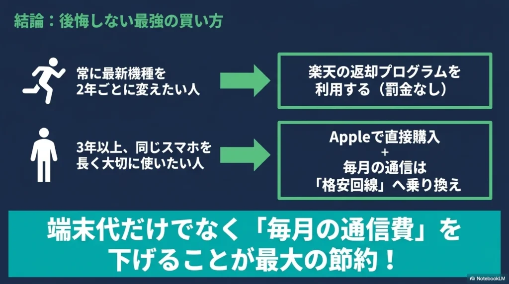 iPhone 17 × 格安SIM 乗り換え完全攻略ガイド 結論:後悔しない最強の買い方。常に最新機種を2年ごとに変えたい人は楽天の返却プログラムを利用。3年以上長く使いたい人はAppleで直接購入し、毎月の通信は格安回線へ乗り換え。