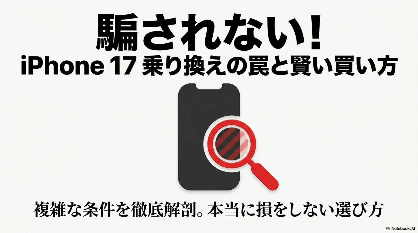 スマホのイラストと虫眼鏡のアイコン。「騙されない! iPhone 17乗り換えの罠と賢い買い方。複雑な条件を徹底解剖。本当に損をしない選び方」と書かれた記事のアイキャッチ兼表紙スライド。
