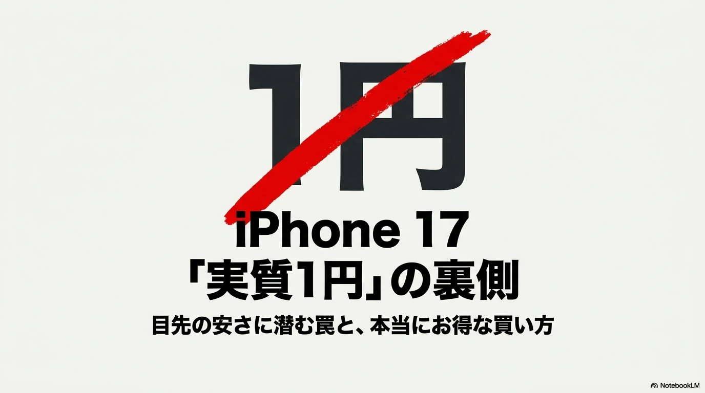 iPhone17の「実質1円」キャンペーンに潜む罠と本当にお得な買い方を解説したタイトルスライド