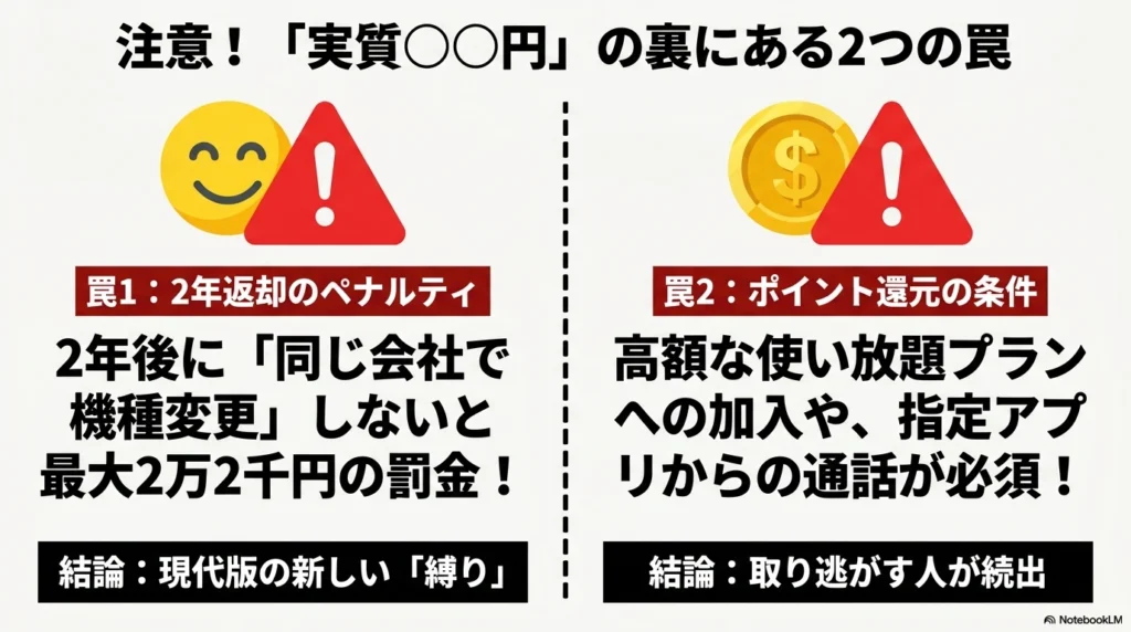 iPhone 17 × 格安SIM 乗り換え完全攻略ガイド 「注意!「実質○○円」の裏にある2つの罠」というタイトル。罠1として2年返却時の機種変更義務(最大2万2千円の罰金)、罠2としてポイント還元の厳しい条件(高額プラン加入や指定アプリ通話)を解説するスライド