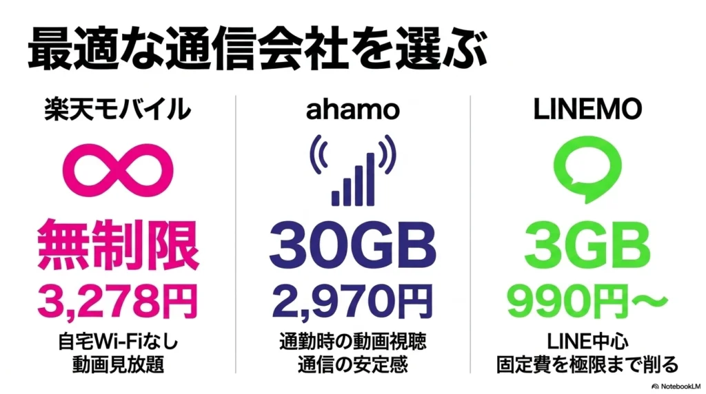 iPhone 17 × 格安SIM 乗り換え完全攻略ガイド 楽天モバイル(無制限・3,278円)、ahamo(30GB・2,970円)、LINEMO(3GB・990円〜)の3社の料金プランと特徴の比較。