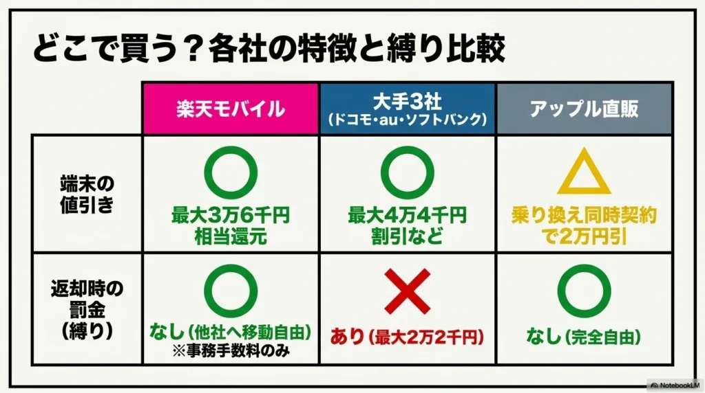 iPhone 17 × 格安SIM 乗り換え完全攻略ガイド どこで買う?各社の特徴と縛り比較」の表。楽天モバイル(最大3.6万円還元・返却罰金なし)、大手3社(最大4.4万円割引・返却罰金最大2.2万円あり)、アップル直販(同時契約で2万円引・罰金なし)のメリットと縛りを比較したスライド。