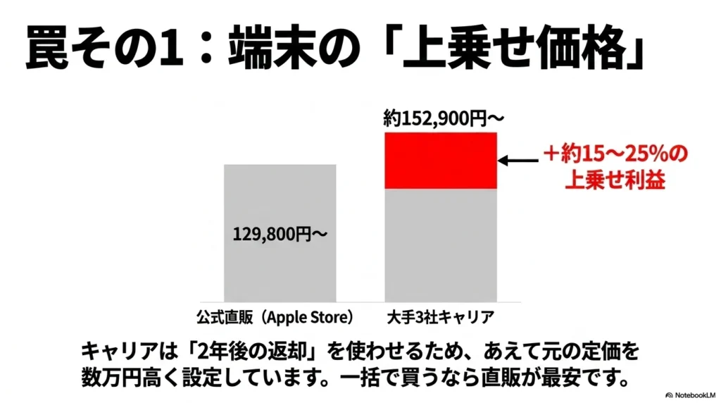罠その1：端末の上乗せ価格。公式直販（Apple Store）と比較して大手3社キャリアは約15〜25%の上乗せ利益がある