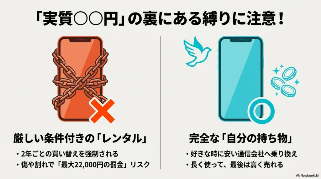 iPhone 17 × 格安SIM 乗り換え完全攻略ガイド 実質価格の裏にある2年ごとの買い替え強制や、傷による罰金などのキャリア返却プログラムのリスクを説明した図