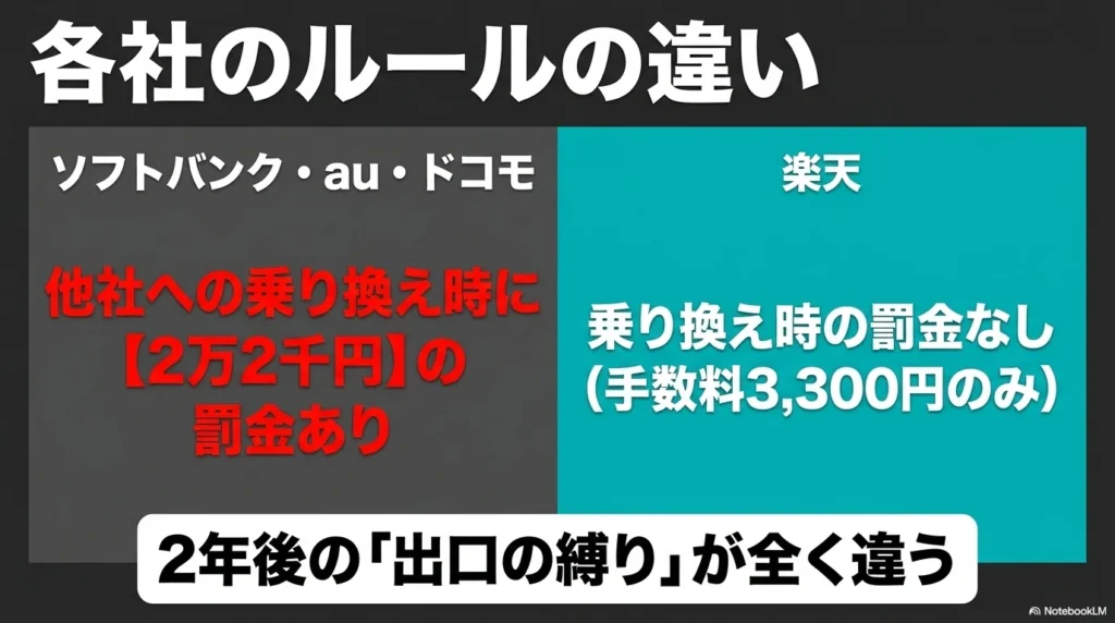 iPhone 17 × 格安SIM 乗り換え完全攻略ガイド 各社のルールの違い。ソフトバンク・au・ドコモは他社への乗り換え時に2万2千円の罰金あり。楽天は乗り換え時の罰金なし。