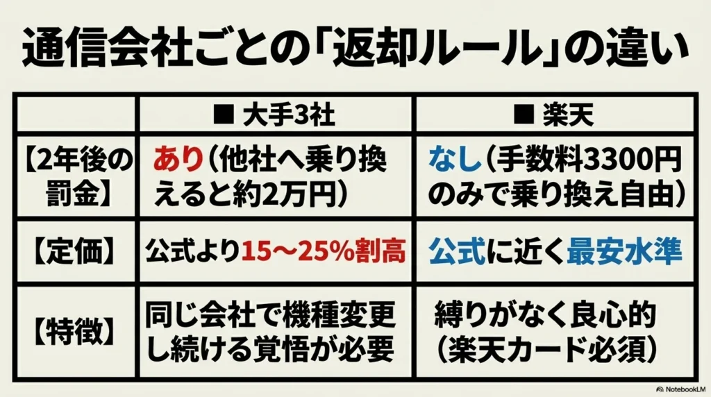 iPhone 17 × 格安SIM 乗り換え完全攻略ガイド 大手3社と楽天モバイルの2年後の返却ルールや定価、特徴を比較した表