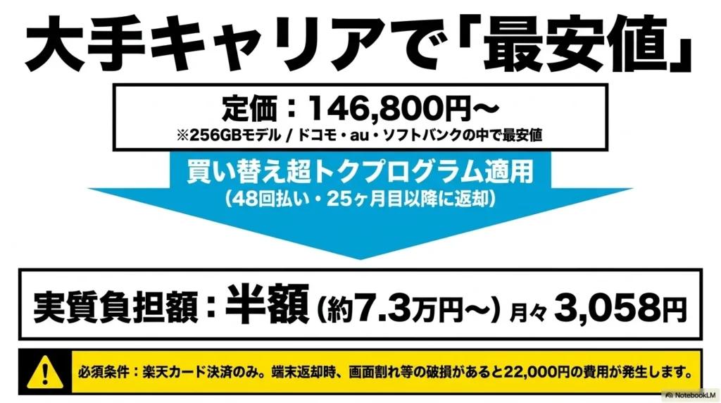 iPhone 17 × 格安SIM 乗り換え完全攻略ガイド iPhone 17の定価が大手キャリア最安値であり、買い替え超トクプログラムで実質半額になることを示す図