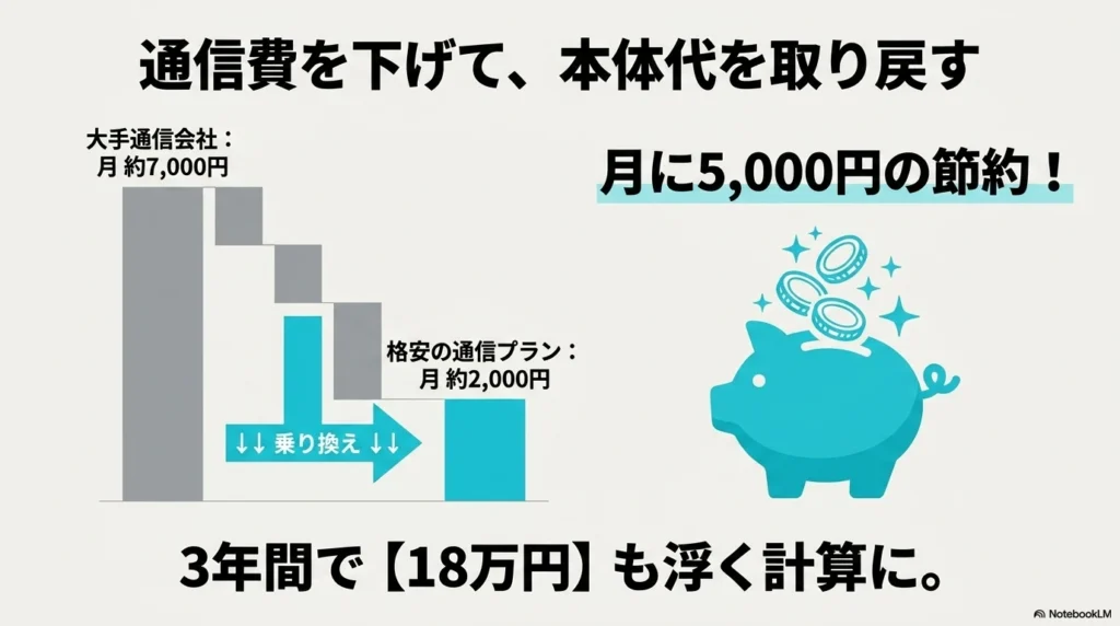 iPhone 17 × 格安SIM 乗り換え完全攻略ガイド 大手通信会社から格安通信プランへ乗り換えることで、月に5,000円、3年間で18万円の節約になることを示す比較グラフ