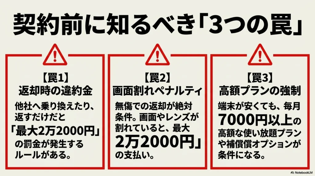 iPhone 17 × 格安SIM 乗り換え完全攻略ガイド 返却時の違約金、画面割れペナルティ、高額プランの強制という、契約前に知るべき3つの罠をまとめたスライド