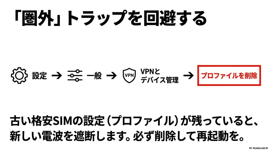 iPhone 17 × 格安SIM 乗り換え完全攻略ガイド 圏外トラップを回避する手順。iPhoneの設定から一般、VPNとデバイス管理へと進み、古いプロファイルを削除して再起動する手順の解説。