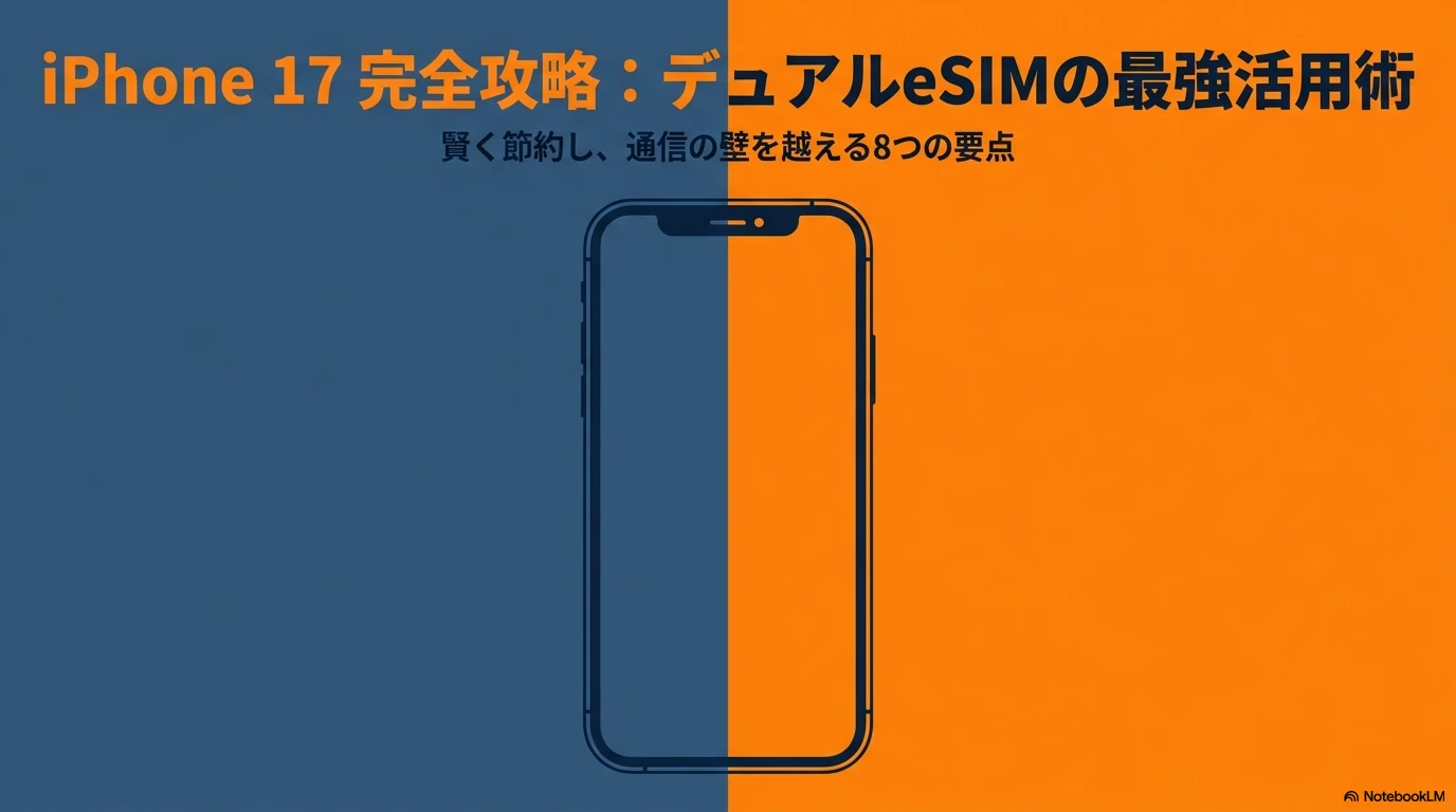 iPhone 17のデュアルeSIM最強活用術として、通信費節約や通信の壁を越える8つの要点をまとめた表紙スライド