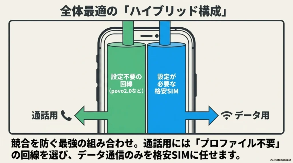 iPhone 17 × 格安SIM 乗り換え完全攻略ガイド povo2.0など設定不要回線と格安SIMを組み合わせたハイブリッド構成の図