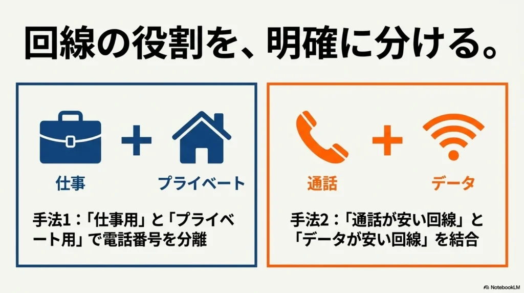 iPhone 17 × 格安SIM 乗り換え完全攻略ガイド 仕事用とプライベート用で電話番号を分離する手法や、通話用とデータ用で回線を分ける役割分担の手法を図解