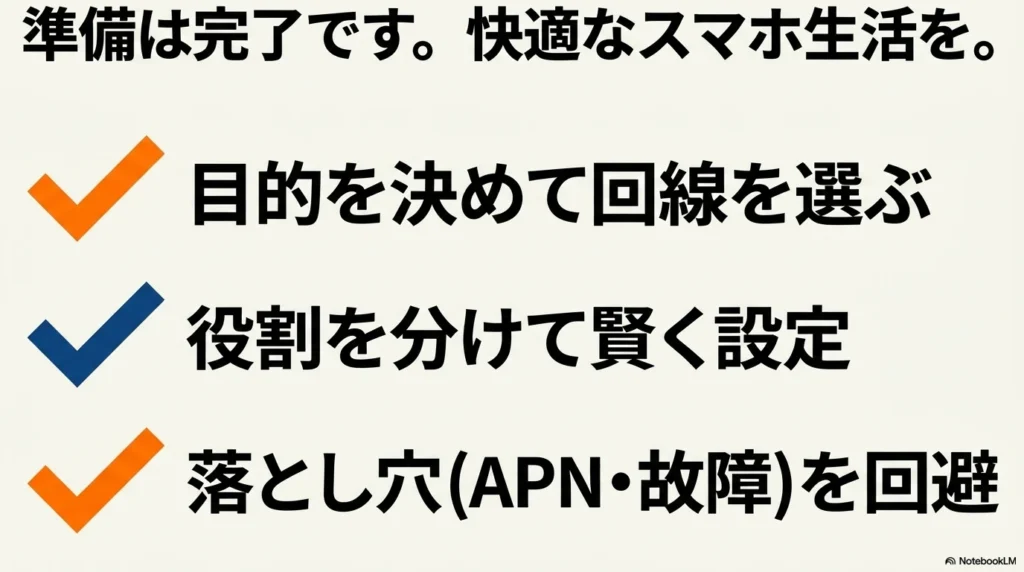 iPhone 17 × 格安SIM 乗り換え完全攻略ガイド 目的別の回線選び、役割の明確化、APNや故障の落とし穴回避といった、快適なスマホ生活のための準備完了を示すまとめスライド