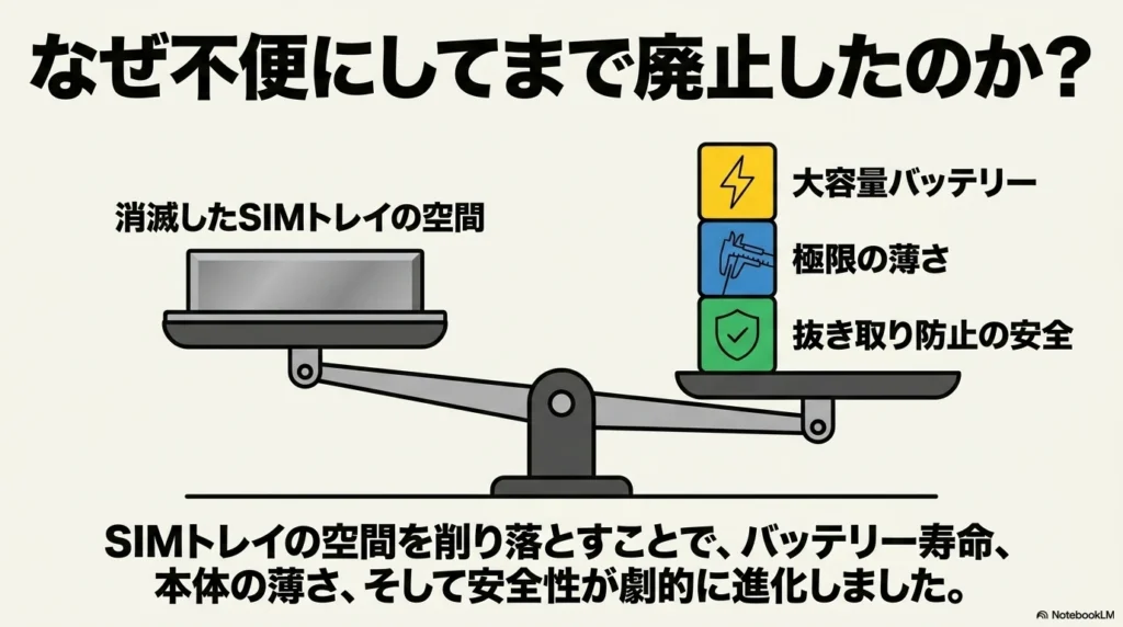 SIMトレイ廃止のメリット SIMトレイ廃止による大容量バッテリー化、極限の薄さ、抜き取り防止のメリット