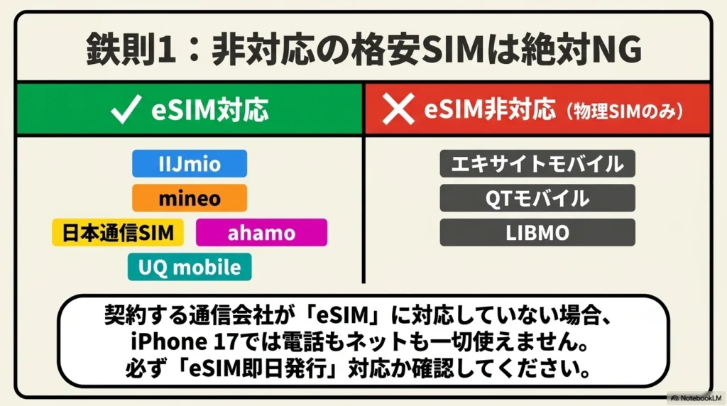 eSIM非対応の格安SIM事業者への注意喚起 eSIM対応格安SIMと非対応格安SIMの比較図