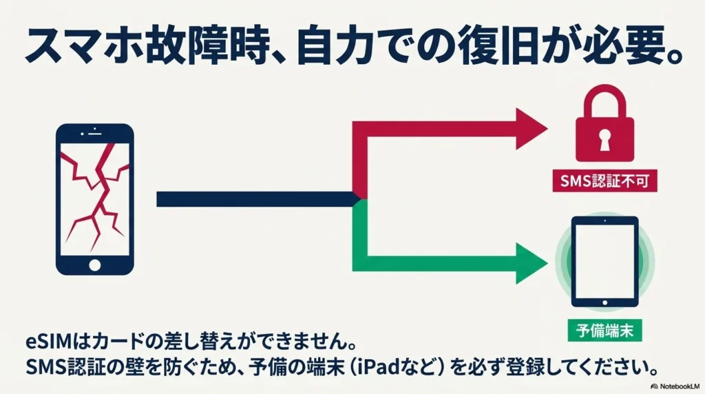iPhone 17 × 格安SIM 乗り換え完全攻略ガイド 画面が割れたスマホの図解。eSIMはカードの差し替えができないため、SMS認証対策としてiPadなどの予備端末登録が必要であることを説明