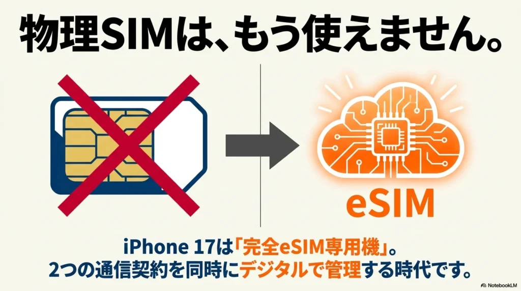 iPhone 17 × 格安SIM 乗り換え完全攻略ガイド 物理SIMにバツ印がつき、iPhone 17が完全eSIM専用機として2つの通信契約をデジタル管理する時代になったことを示す図解
