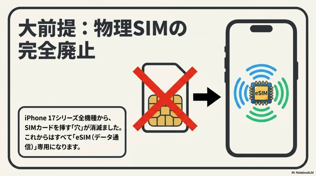 iPhone17シリーズはeSIM専用機へ iPhone 17シリーズにおける物理SIMスロットの完全廃止とeSIM専用化の図解