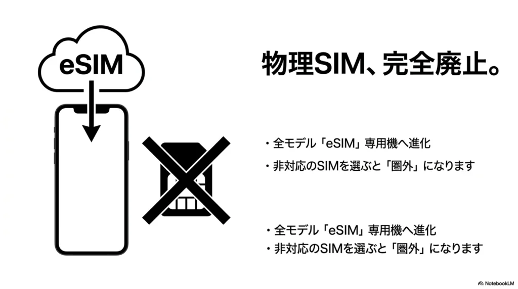 iPhone 17 × 格安SIM 乗り換え完全攻略ガイド iPhone 17は全モデルで物理SIMが完全廃止されeSIM専用機に進化。非対応のSIMを選ぶと圏外になるという注意喚起。