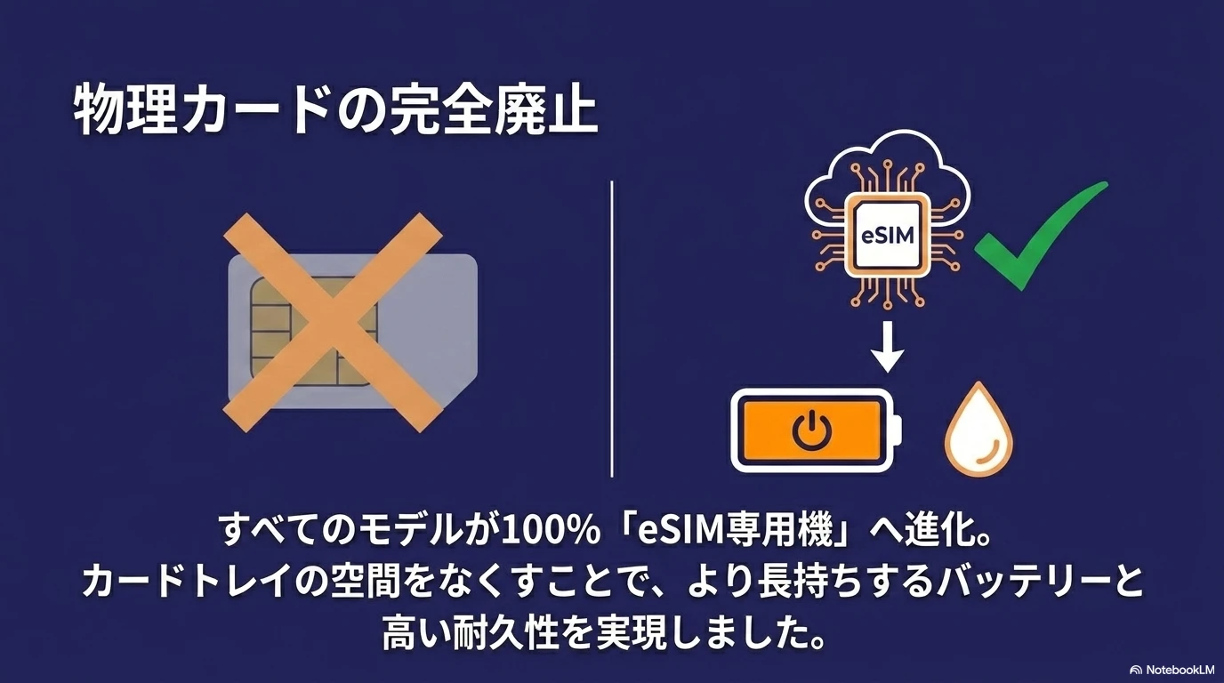 iPhone 17全モデルがeSIM専用機になり、バッテリー長持ちと高い耐久性を実現したことを示す画像