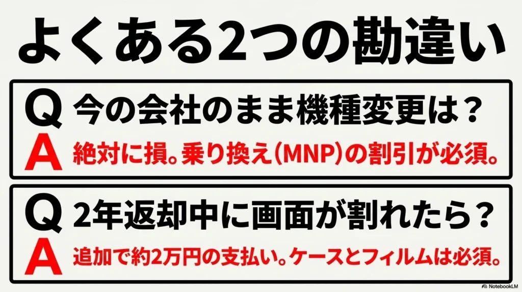 機種変更や画面割れに関するよくある勘違い 今の会社のままの機種変更は損になることと、2年返却中の画面割れは追加支払いが発生することへの注意喚起