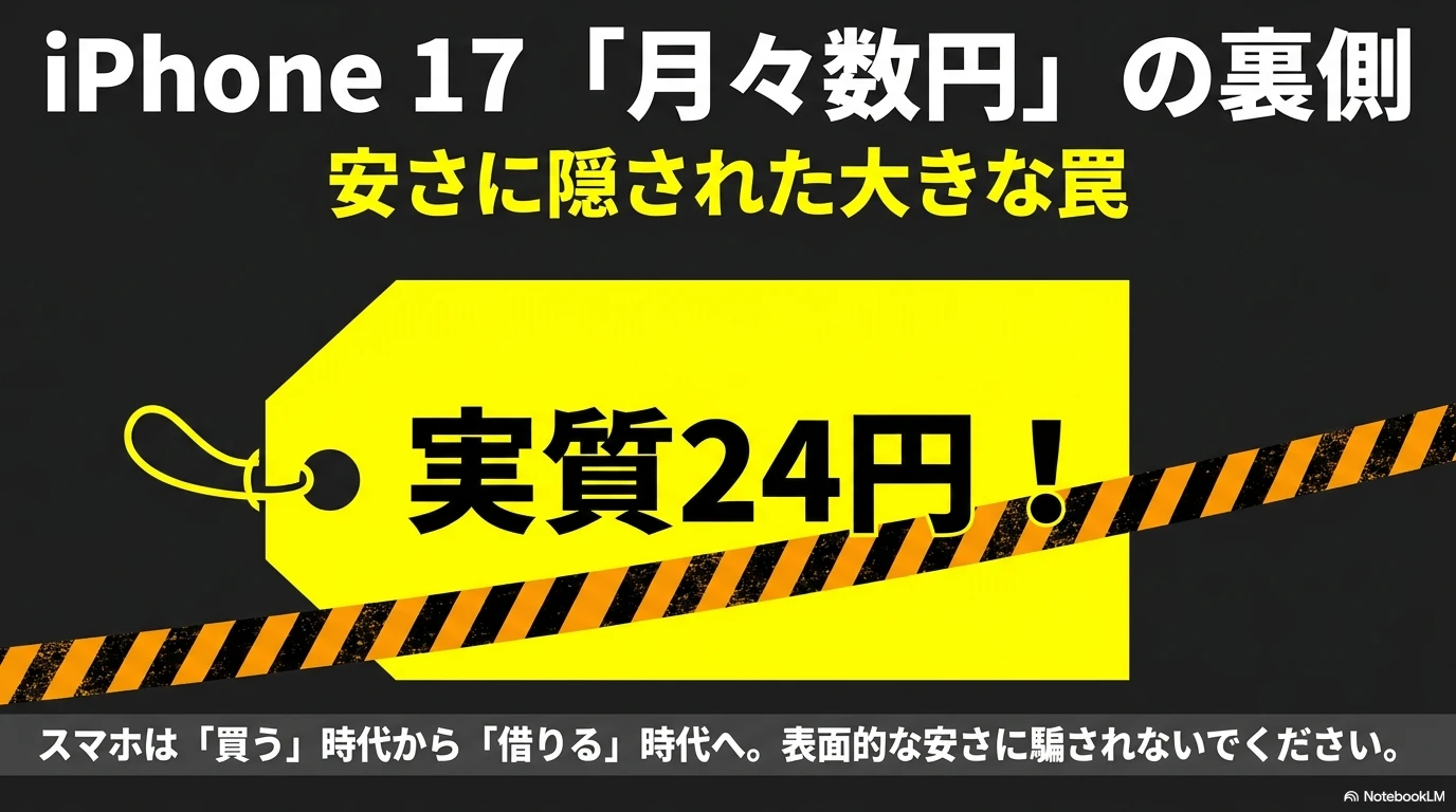 実質24円などiPhone 17の安い月額料金に隠された分割払いの罠を示すイメージ画像