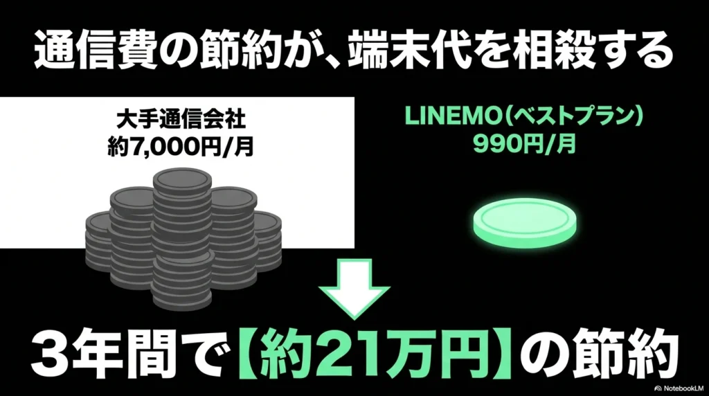 大手通信会社の月額約7000円からLINEMOベストプランの月額990円に乗り換えることで、3年間で約21万円節約できることを示す図解