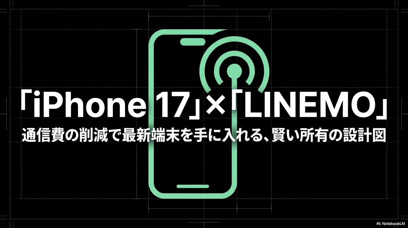 iPhone 17とLINEMOの組み合わせによる通信費削減と賢い所有の設計図のタイトルスライド