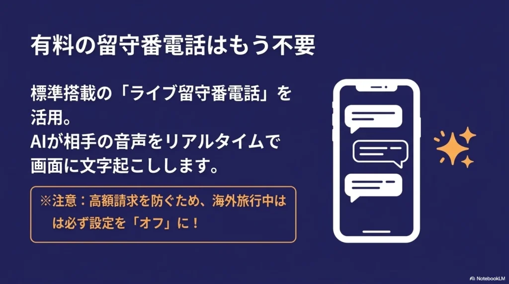 iPhone 17の標準機能ライブ留守番電話による文字起こし AIが相手の音声をリアルタイムで画面に文字起こしするiPhone 17のライブ留守番電話機能の説明画像