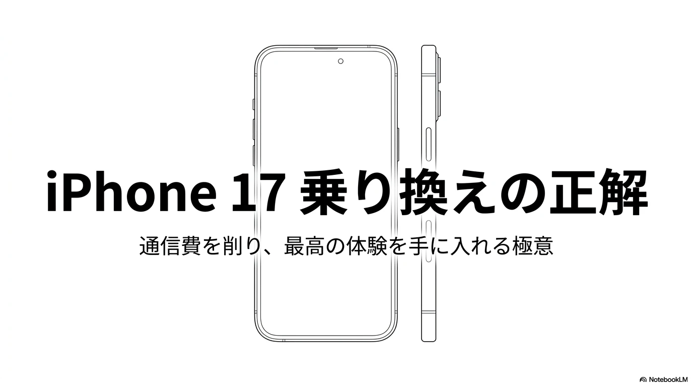 iPhone 17乗り換えの正解。通信費を削り、最高の体験を手に入れる極意を解説したスライドの表紙。