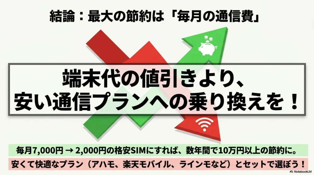 iPhone 17 × 格安SIM 乗り換え完全攻略ガイド 結論:最大の節約は「毎月の通信費」」というタイトル。端末代の値引きに血眼になるより、毎月7,000円から2,000円の格安SIM(アハモ、楽天モバイル、ラインモなど)に乗り換えて数年間で10万円以上節約しよう
