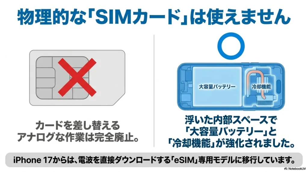 iPhone 17 × 格安SIM 乗り換え完全攻略ガイド iPhone 17では物理SIMが廃止され、大容量バッテリーや冷却機能が強化されたことを示す図解
