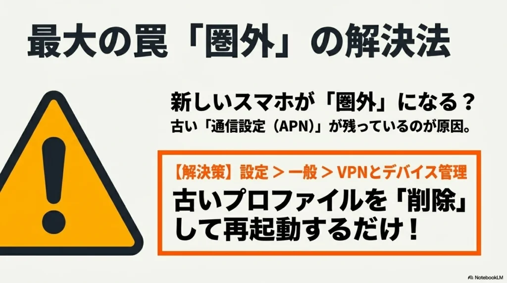 iPhone 17 × 格安SIM 乗り換え完全攻略ガイド 新しいスマホが圏外になる原因と解決法。古い通信設定(APN)プロファイルを削除して再起動するだけ。