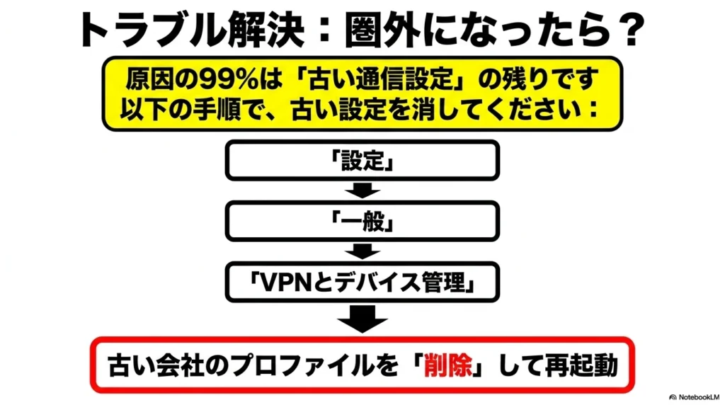 iPhone 17 × 格安SIM 乗り換え完全攻略ガイド eSIM設定後に圏外になった場合の解決策として、古い通信会社のプロファイルを削除する手順
