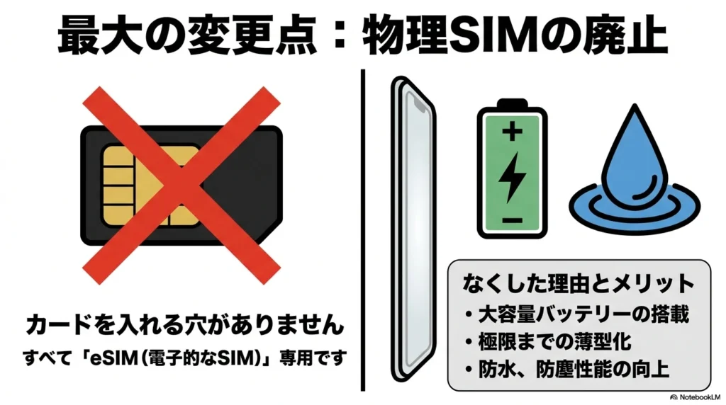 iPhone 17 × 格安SIM 乗り換え完全攻略ガイド iPhone 17の最大の変更点である物理SIMスロットの完全廃止とeSIM専用化についての図解