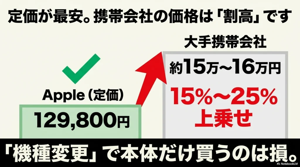 iPhone 17 × 格安SIM 乗り換え完全攻略ガイド Apple Storeの定価が最安で、携帯会社の価格は15%から25%の上乗せがあり割高であることを示す図解