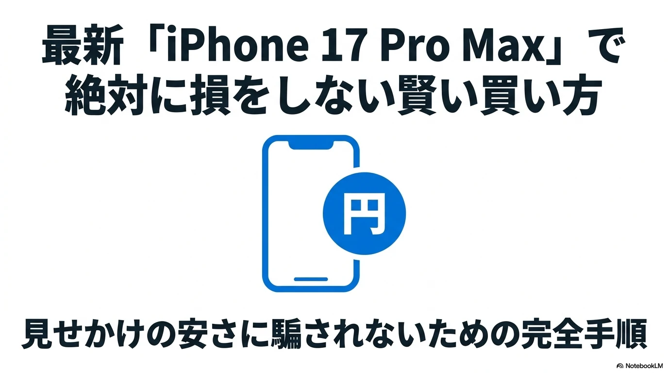 最新「iPhone 17 Pro Max」で絶対に損をしない賢い買い方、見せかけの安さに騙されないための完全手順と書かれたアイキャッチ風スライド
