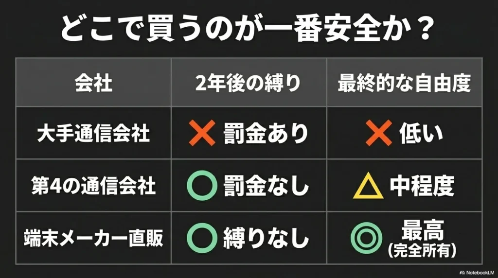 大手通信会社、第4の通信会社、端末メーカー直販における、iPhone 17購入後の2年縛りや自由度を比較した表