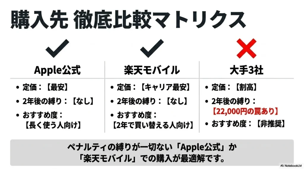 購入先徹底比較マトリクス。Apple公式と楽天モバイルは2年後の縛りがなくおすすめ、大手3社は定価が割高でペナルティの罠があり非推奨