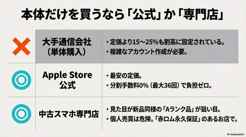 iPhone 17 × 格安SIM 乗り換え完全攻略ガイド 大手通信会社、Apple Store公式、中古スマホ専門店の3つの購入ルートの特徴と注意点を比較した表