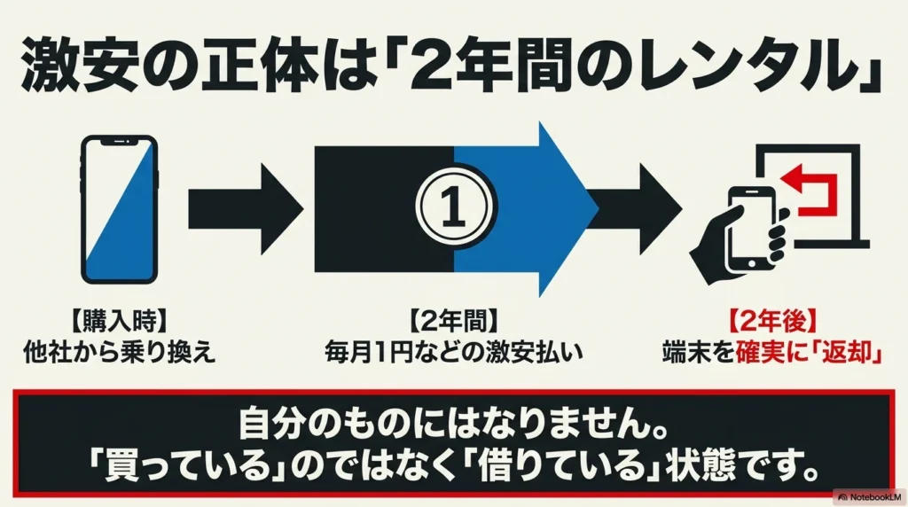 iPhone 17 × 格安SIM 乗り換え完全攻略ガイド 実質1円の正体は2年間のレンタルであり、他社からの乗り換えと2年後の端末返却が条件であることを示す図解