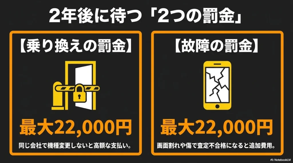 iPhone 17の2年返却プログラム利用時に発生する可能性がある、乗り換えの罰金と故障の罰金（各最大22,000円）を示す図