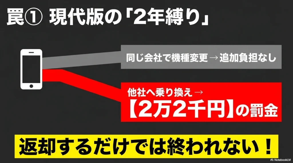 iPhone 17 × 格安SIM 乗り換え完全攻略ガイド 罠1:現代版の2年縛り。同じ会社で機種変更なら追加負担なし、他社へ乗り換えなら2万2千円の罰金。